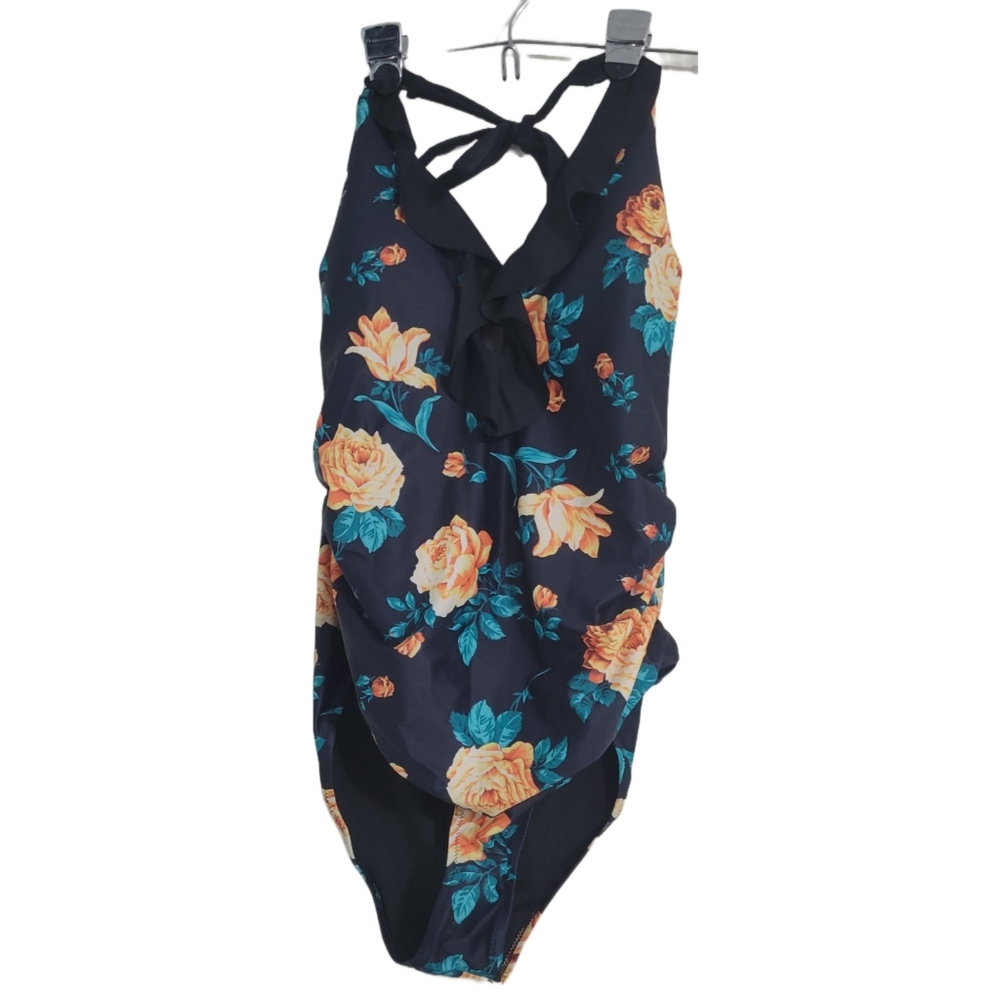 Women's Unbranded One Piece Swimsuit XL Black Orange Floral Ruffle NWOT
